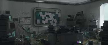 A researcher's cluttered office, corkboard covered in case files
