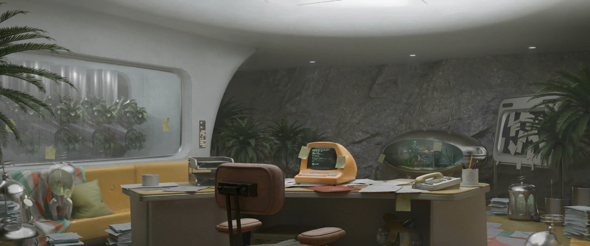 A research office with plants, books and rounded equipment