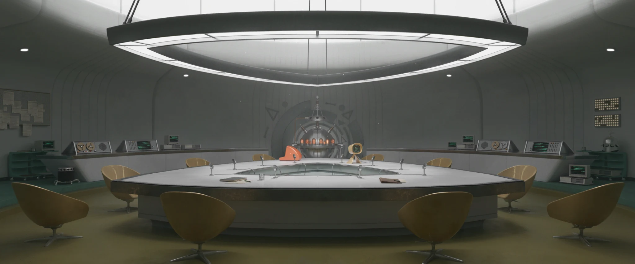 A circular meeting table beneath a broad luminous ring
