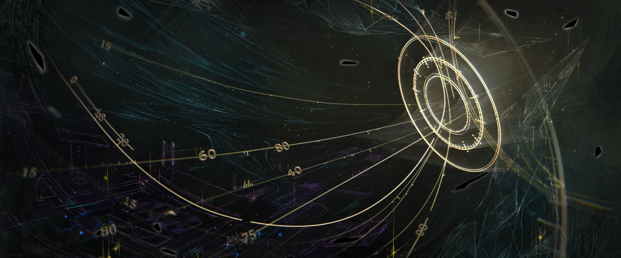 Curves and concentric rings against a dark field.