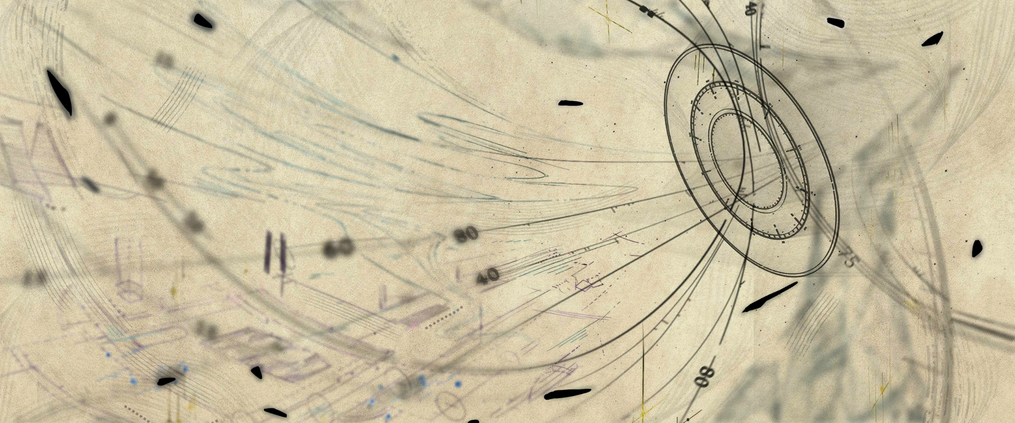 Parchment-colored spatial drawing with curves, numbered marks and concentric rings