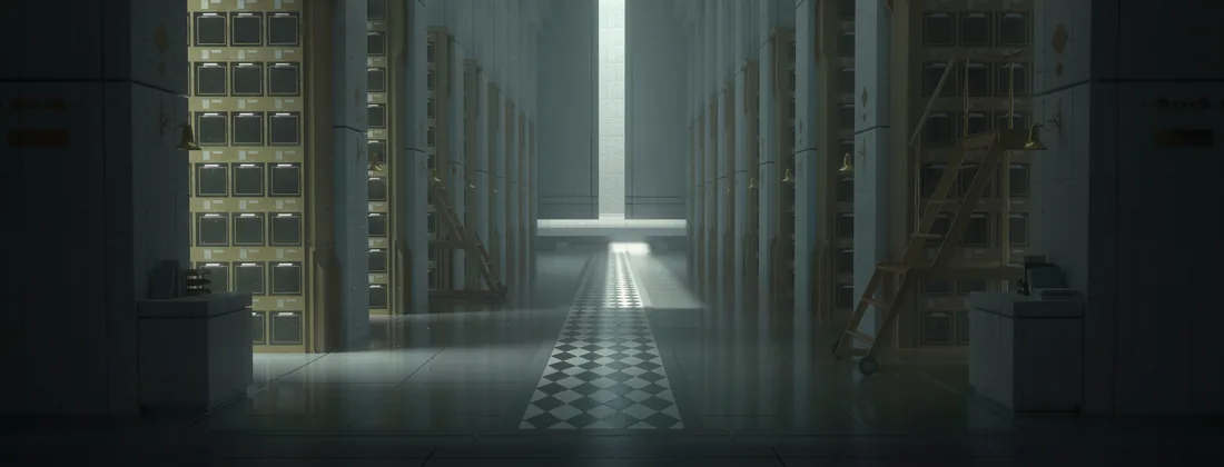 A vast archive hall lined with filing drawers, light falling from a doorway at the far end