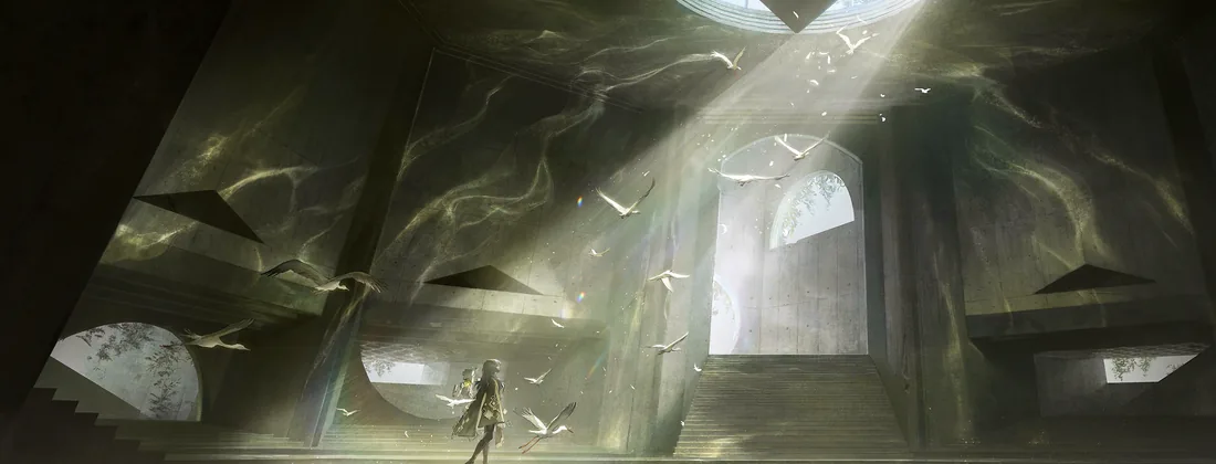 A cavernous interior of angular stone with shafts of light falling through openings