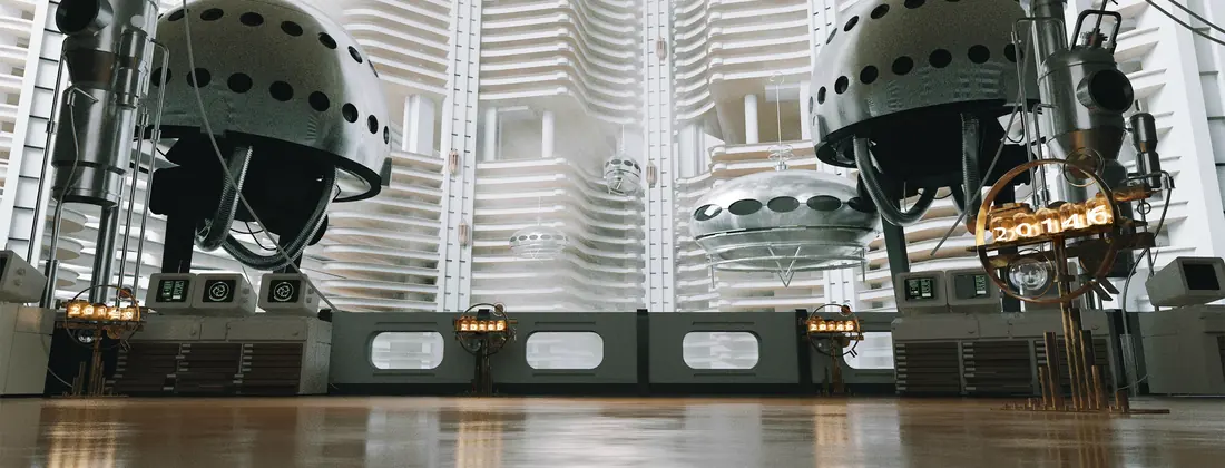 A tall hall with two large domed machines suspended over a polished floor