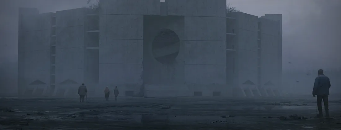 A monolithic concrete building in heavy mist with small figures standing before it