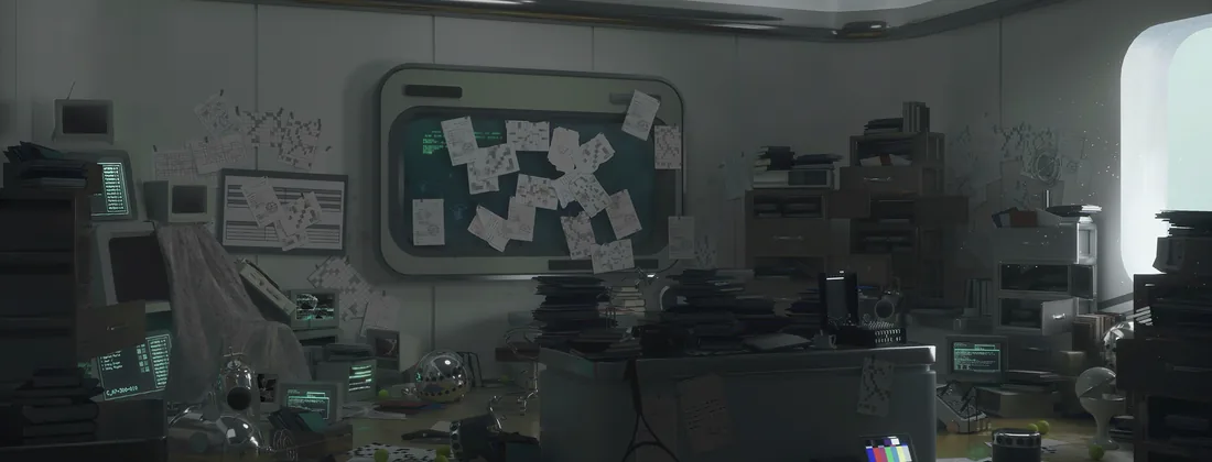 A cluttered research office with monitors, stacked papers and a pinned board of notes