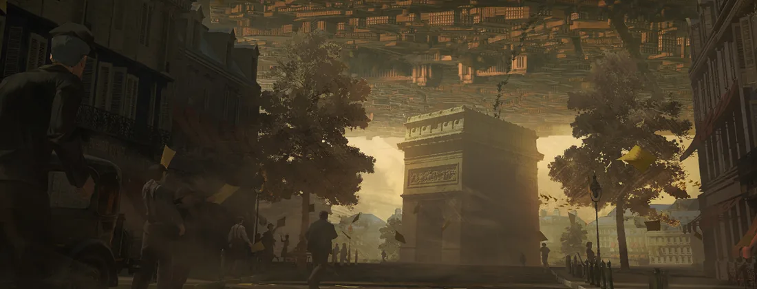 A Parisian avenue with the Arc de Triomphe, an inverted cityscape suspended overhead