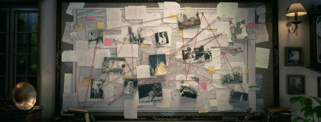A large board covered in photographs and documents connected by lengths of red string